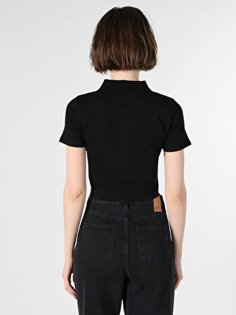 Slim Fit Bisiklet Yaka Crop Siyah Kadın Kısa Kol Tişört