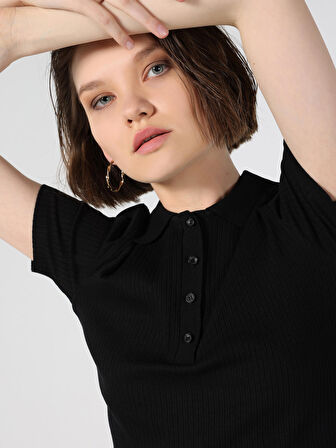 Slim Fit Bisiklet Yaka Crop Siyah Kadın Kısa Kol Tişört