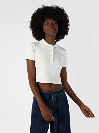 Slim Fit Crop Beyaz Kadın Kısa Kol Tişört