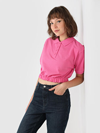 Normal Kesim Polo Yaka Crop Pembe Kadın Kısa Kol Tişört