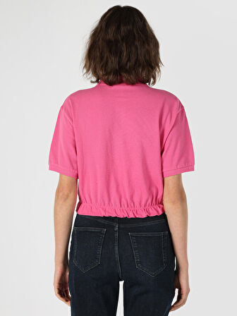 Normal Kesim Polo Yaka Crop Pembe Kadın Kısa Kol Tişört