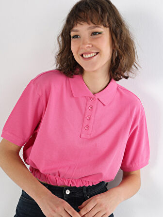 Normal Kesim Polo Yaka Crop Pembe Kadın Kısa Kol Tişört
