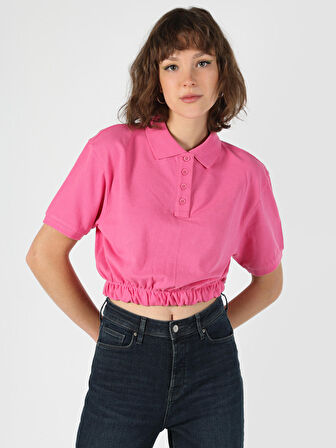 Normal Kesim Polo Yaka Crop Pembe Kadın Kısa Kol Tişört