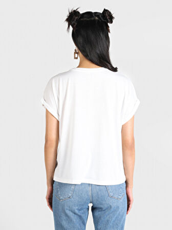 Regular Fit Bisiklet Yaka Baskılı Beyaz Kadın Kısa Kol Tişört