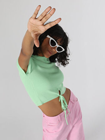 Slim Fit Bisiklet Yaka Crop Yeşil Kadın Kısa Kol Tişört