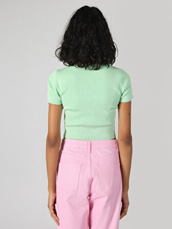 Slim Fit Bisiklet Yaka Crop Yeşil Kadın Kısa Kol Tişört