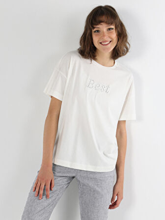 Regular Fit Bisiklet Yaka Baskılı Beyaz Kadın Kısa Kol Tişört