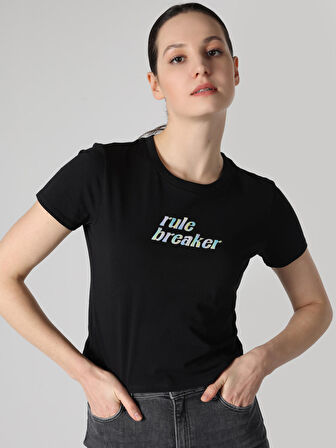 Regular Fit Bisiklet Yaka Baskılı Siyah Kadın Kısa Kol Tişört