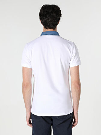 Slim Fit Düğmeli Beyaz Erkek Polo Yaka Kısa Kol Tişört