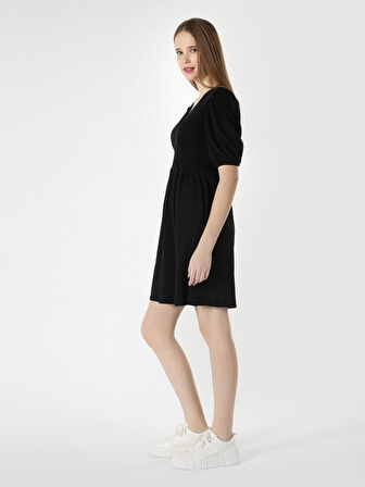 Regular Fit V Yaka Basic Siyah Kadın Elbise