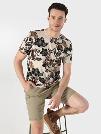 Regular Fit Baskılı Bej Erkek Kısa Kol Tişört