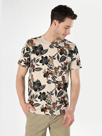 Regular Fit Baskılı Bej Erkek Kısa Kol Tişört