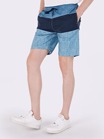 Slim Fit Orta Bel Baskılı Mavi Erkek Deniz Şortu