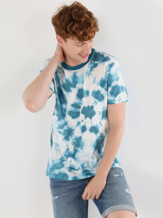 Regular Fit Bisiklet Yaka Baskılı Mavi Erkek Kısa Kol Tişört