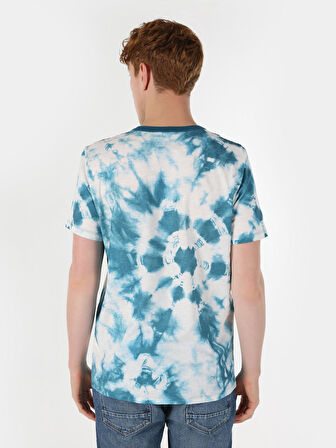 Regular Fit Bisiklet Yaka Baskılı Mavi Erkek Kısa Kol Tişört