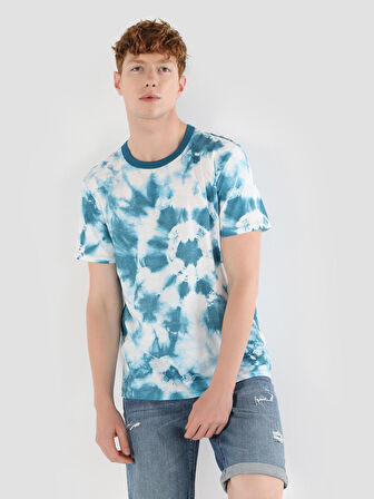 Regular Fit Bisiklet Yaka Baskılı Mavi Erkek Kısa Kol Tişört