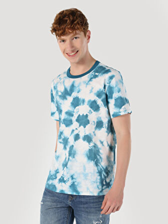 Regular Fit Bisiklet Yaka Baskılı Mavi Erkek Kısa Kol Tişört