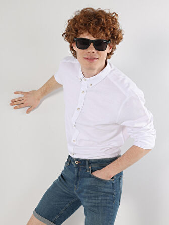 Slim Fit Düz Beyaz Erkek Uzun Kol Gömlek
