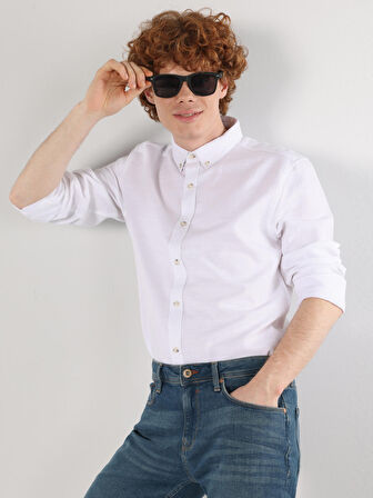 Slim Fit Düz Beyaz Erkek Uzun Kol Gömlek