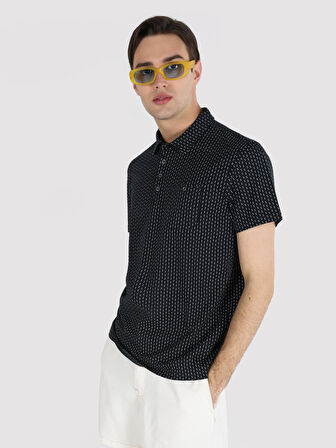 Regular Fit Baskılı Lacivert Erkek Polo Yaka Kısa Kol Tişört
