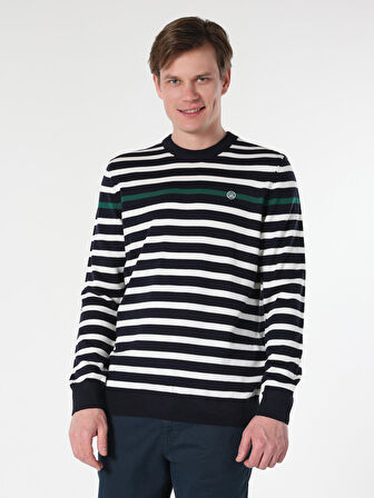 Regular Fit Bisiklet Yaka Çizgili Lacivert Erkek Kazak