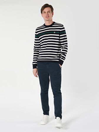 Regular Fit Bisiklet Yaka Çizgili Lacivert Erkek Kazak