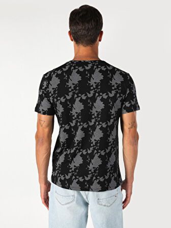 Regular Fit Bisiklet Yaka Baskılı Siyah Erkek Kısa Kol Tişört