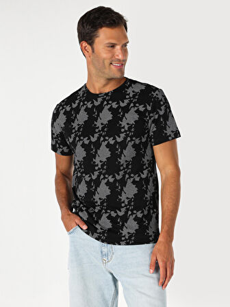 Regular Fit Bisiklet Yaka Baskılı Siyah Erkek Kısa Kol Tişört