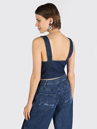 Dar Kesim Fermuarlı Denim Crop Mavi Kadın Gömlek K.Kol Cl1064555