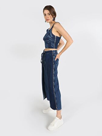 Dar Kesim Fermuarlı Denim Crop Mavi Kadın Gömlek K.Kol Cl1064555