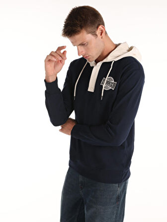 Regular Fit Baskılı Kapüşonlu Lacivert Erkek Uzun Kol Tişört