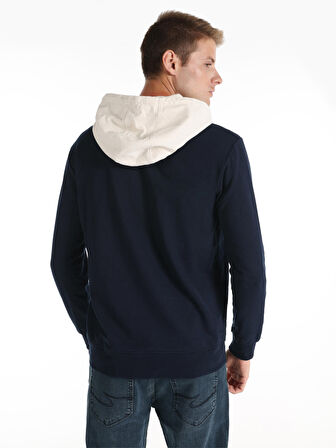 Regular Fit Baskılı Kapüşonlu Lacivert Erkek Uzun Kol Tişört