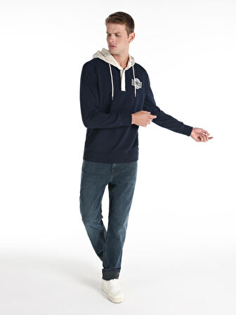 Regular Fit Baskılı Kapüşonlu Lacivert Erkek Uzun Kol Tişört