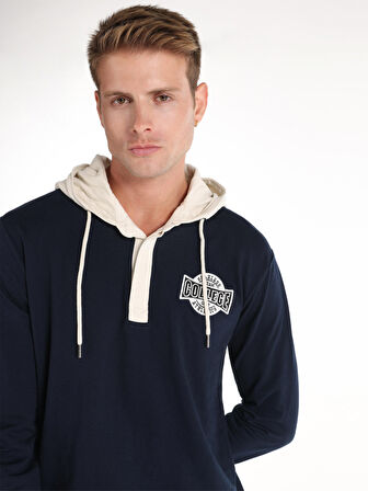 Regular Fit Baskılı Kapüşonlu Lacivert Erkek Uzun Kol Tişört