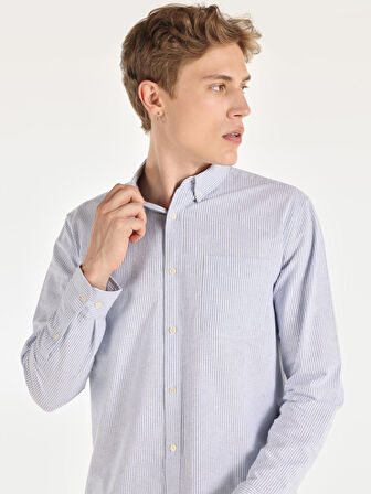 Regular Fit Shirt Neck Çizgili Mavi Erkek Uzun Kol Gömlek