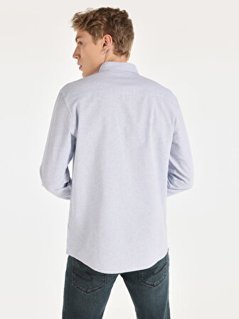 Regular Fit Shirt Neck Çizgili Mavi Erkek Uzun Kol Gömlek