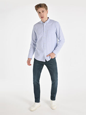 Regular Fit Shirt Neck Çizgili Mavi Erkek Uzun Kol Gömlek