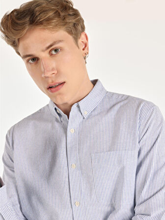 Regular Fit Shirt Neck Çizgili Mavi Erkek Uzun Kol Gömlek