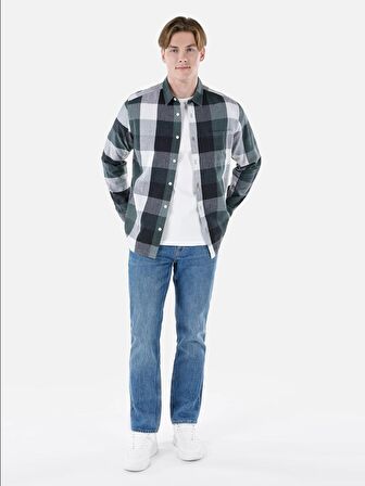 Normal Kesim Shirt Yaka Yeşil Erkek Uzun Kol Gömlek Cl1064635
