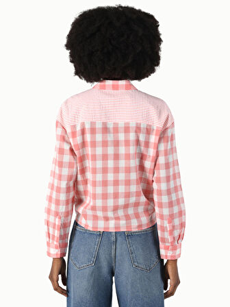 Regular Fit Belden Bağlamalı Baskılı Turuncu Kadın Uzun Kol Gömlek