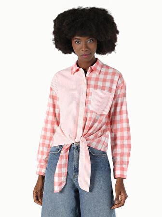 Regular Fit Belden Bağlamalı Baskılı Turuncu Kadın Uzun Kol Gömlek