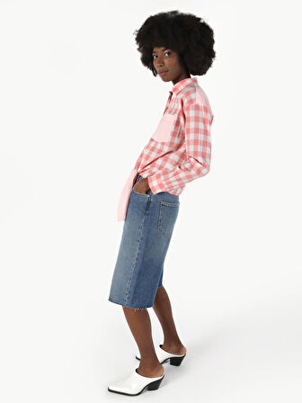 Regular Fit Belden Bağlamalı Baskılı Turuncu Kadın Uzun Kol Gömlek