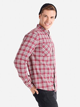 Slim Fit Kareli Cep Detaylı Bordo Erkek Uzun Kol Gömlek