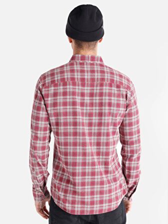 Slim Fit Kareli Cep Detaylı Bordo Erkek Uzun Kol Gömlek