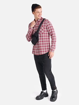 Slim Fit Kareli Cep Detaylı Bordo Erkek Uzun Kol Gömlek