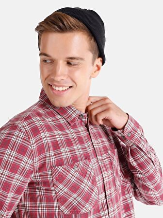 Slim Fit Kareli Cep Detaylı Bordo Erkek Uzun Kol Gömlek