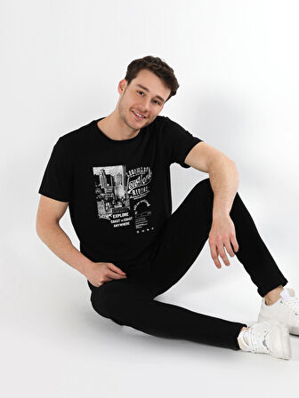 Regular Fit Bisiklet Yaka Baskılı Siyah Erkek Kısa Kol Tişört