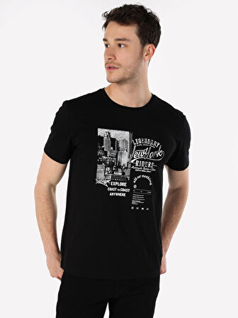 Regular Fit Bisiklet Yaka Baskılı Siyah Erkek Kısa Kol Tişört