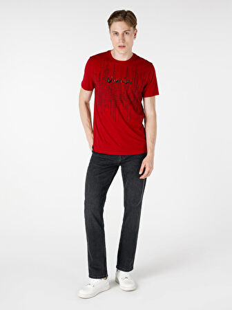 Regular Fit Bisiklet Yaka Baskılı Kırmızı Erkek Kısa Kol Tişört