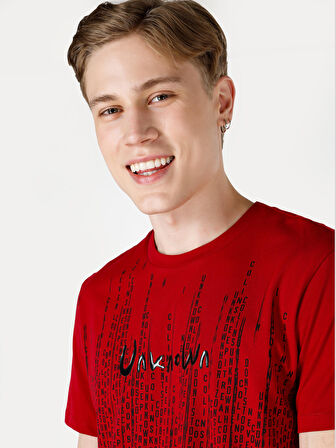 Regular Fit Bisiklet Yaka Baskılı Kırmızı Erkek Kısa Kol Tişört